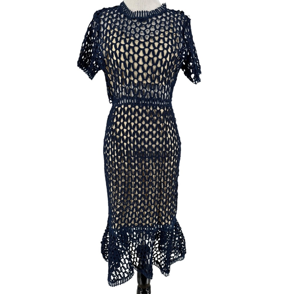 Soieblu Women's Navy Crochet Short Sleeve Midi Dress Size Small NEW